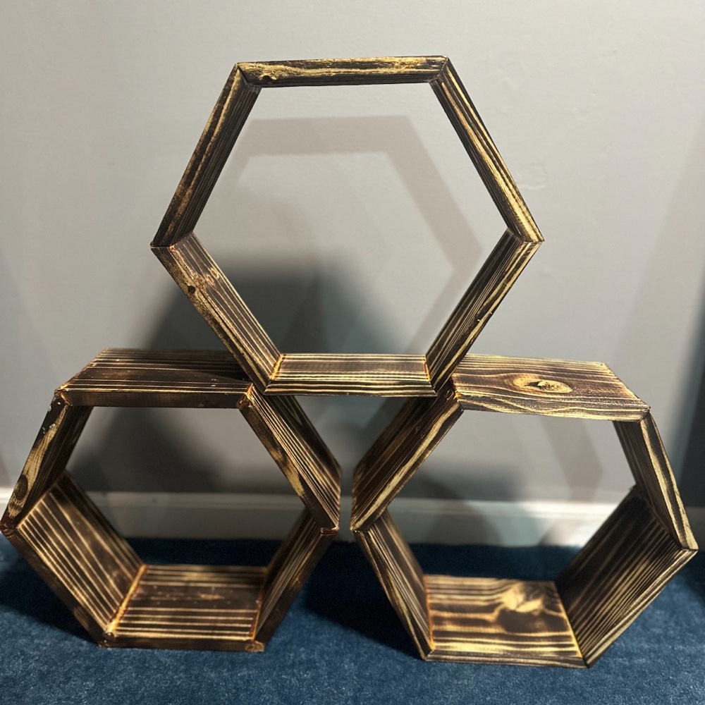 1 Piece Handmade burned & stained hexagon wall shelf